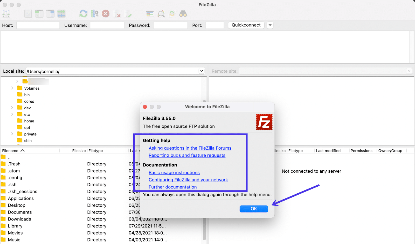 Popup di benvenuto di FileZilla che permette di accedere alla documentazione o aprire direttamente il programma.