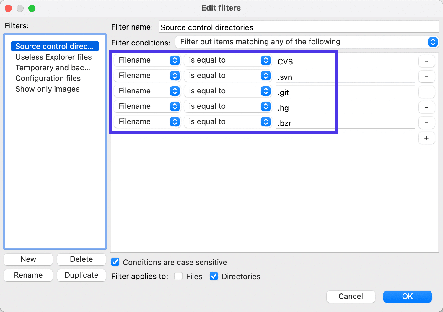 Você pode limitar os filtros mostrando apenas extensões de arquivo específicas.