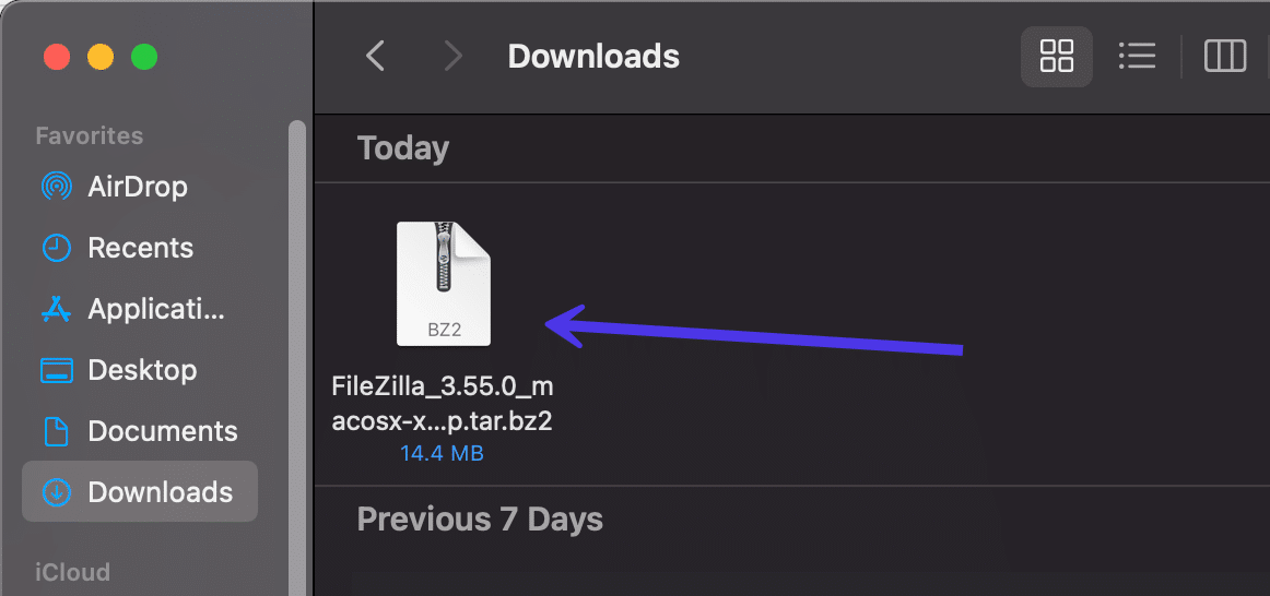 Schermata della cartella Download con il file compresso salvato da FileZilla.