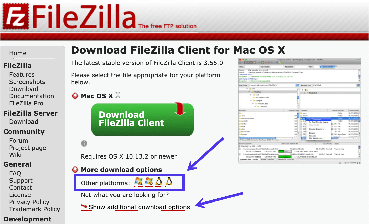 Schermata dalla pagina di FileZilla dedicata al download dove è evidenziata la voce più opzioni di download su altre piattaforme.