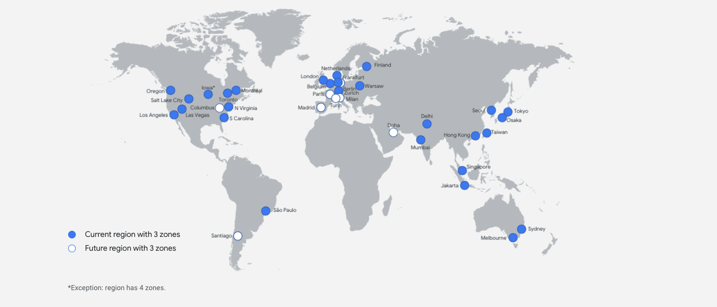 En världskarta över Google Cloud-regioner