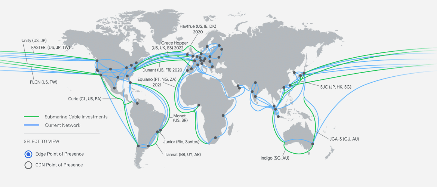 Un mapa mundial de la red de Google Cloud.