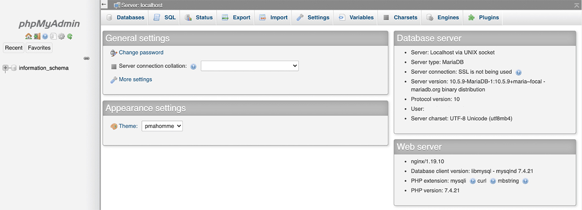 Screenshot: The phpMyAdmin dashboard.