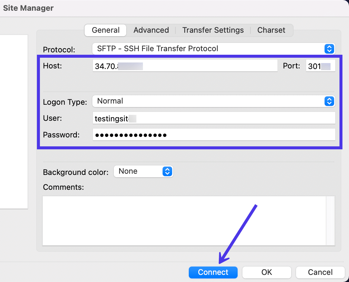 Schermata della scheda General nel Site Manager con una freccia che indica il pulsante Connect.