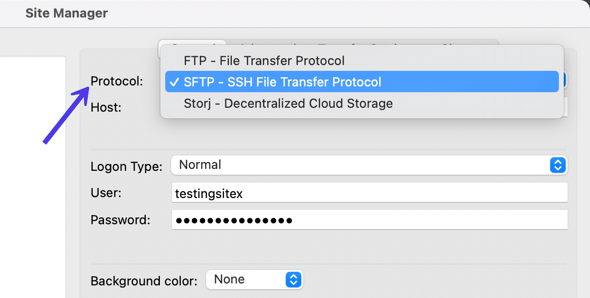 Screenshot dal Site Manager con l’opzione per cambiare il protocollo e scegliere SFTP.