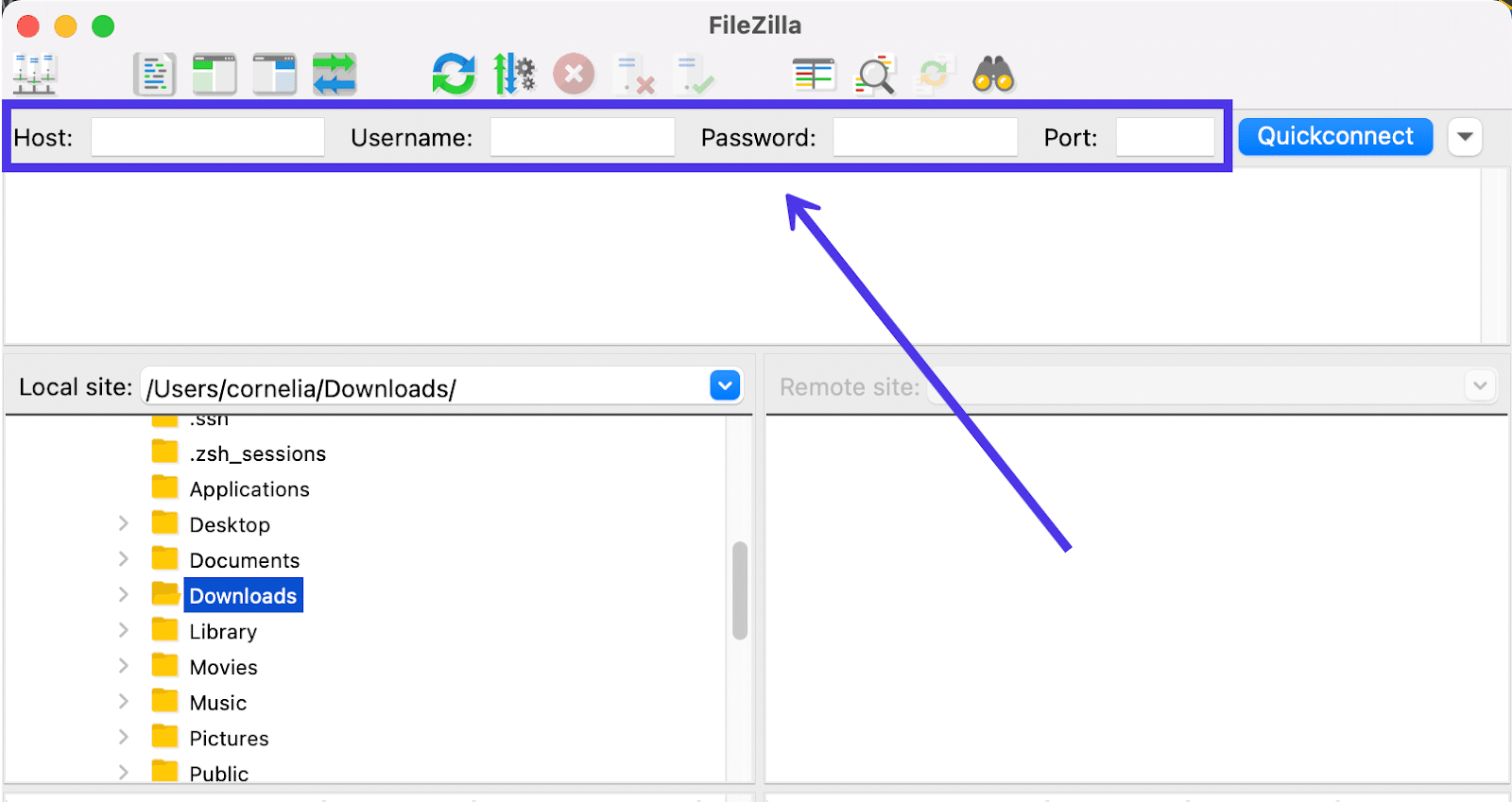 Le panneau de connexion rapide vous demande les informations d'identification de l'hôte.