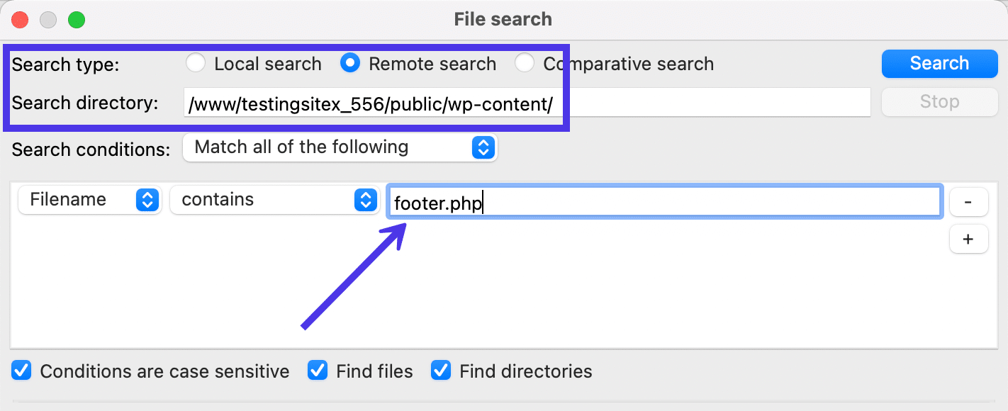 Verwende das Optionsfeld "Remote Search", um nur Dateien auf dem Remote-Server zu durchsuchen