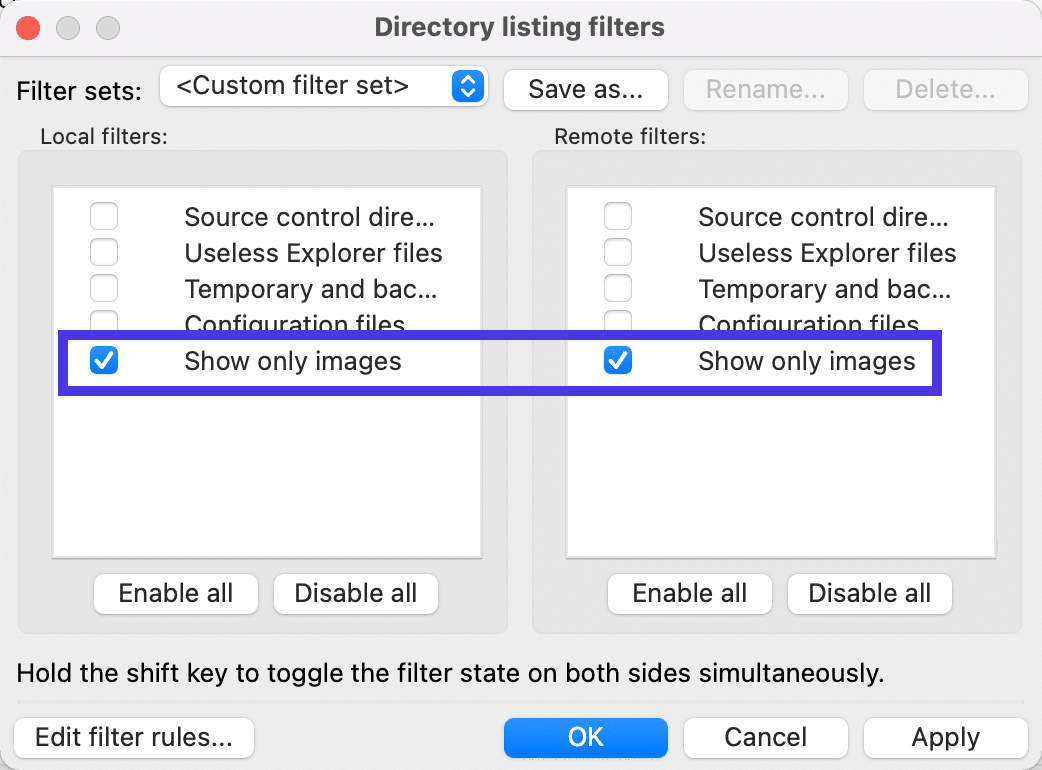 Ein Filter zeigt auschließlich Bilder in den FileZilla-Ergebnissen an