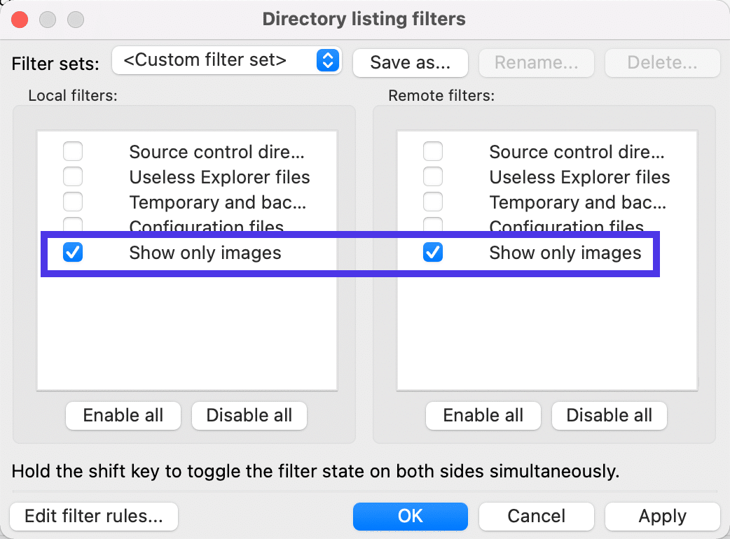 One filter is for only showing images in FileZilla results.