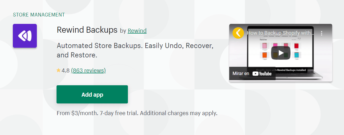 Homepage di Rewind Backups per Shopify