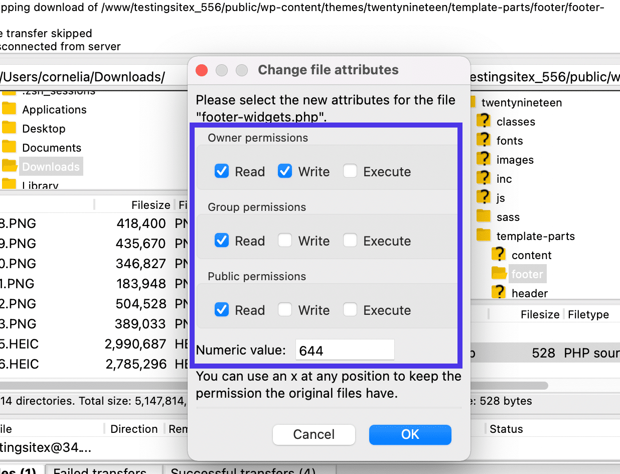 Você pode alterar as permissões de arquivo diretamente no FileZilla.