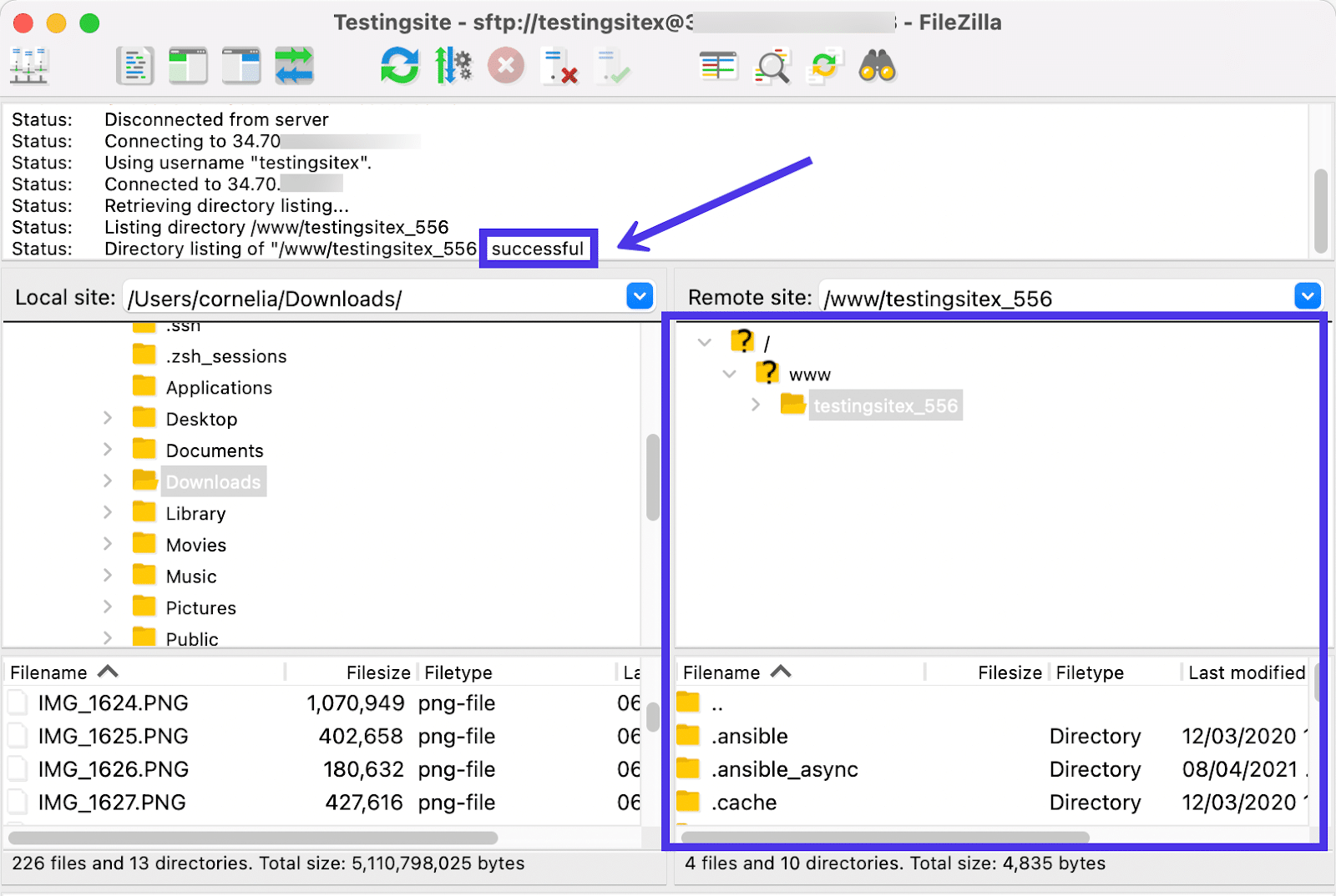 Schermata di FileZilla con la barra delle notifiche che mostra il messaggio di successo nella connessione.