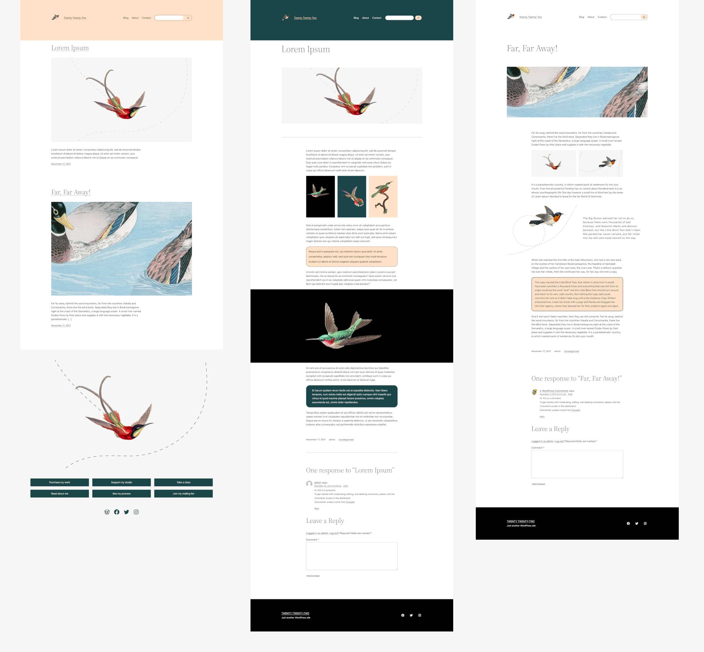 Header and footer customizations compared in different Twenty Twenty-Two templates 
