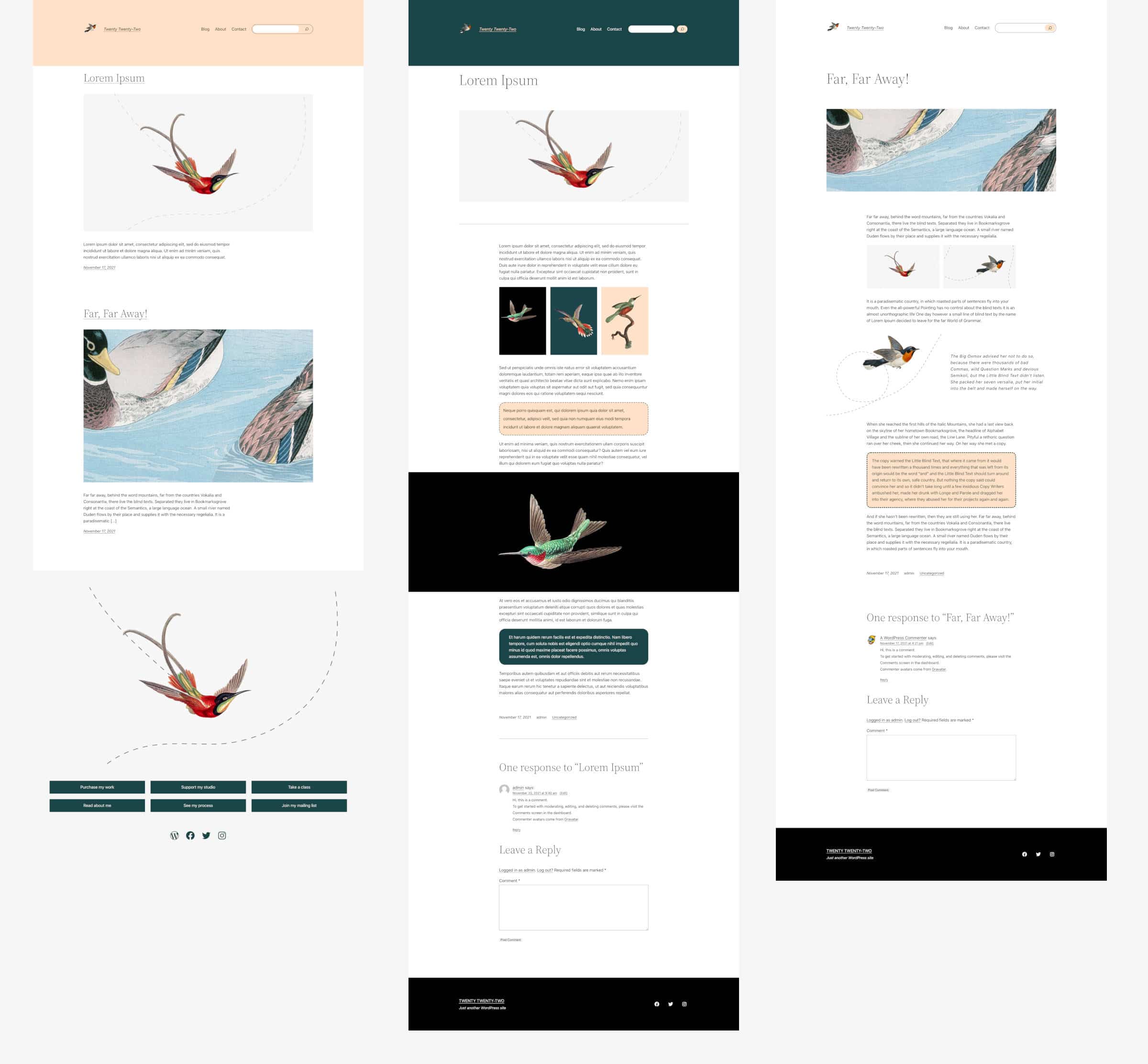 Header and footer customizations compared in different Twenty Twenty-Two templates