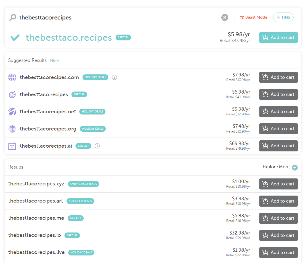 Eine Liste verschiedener Domainnamen-Erweiterungen