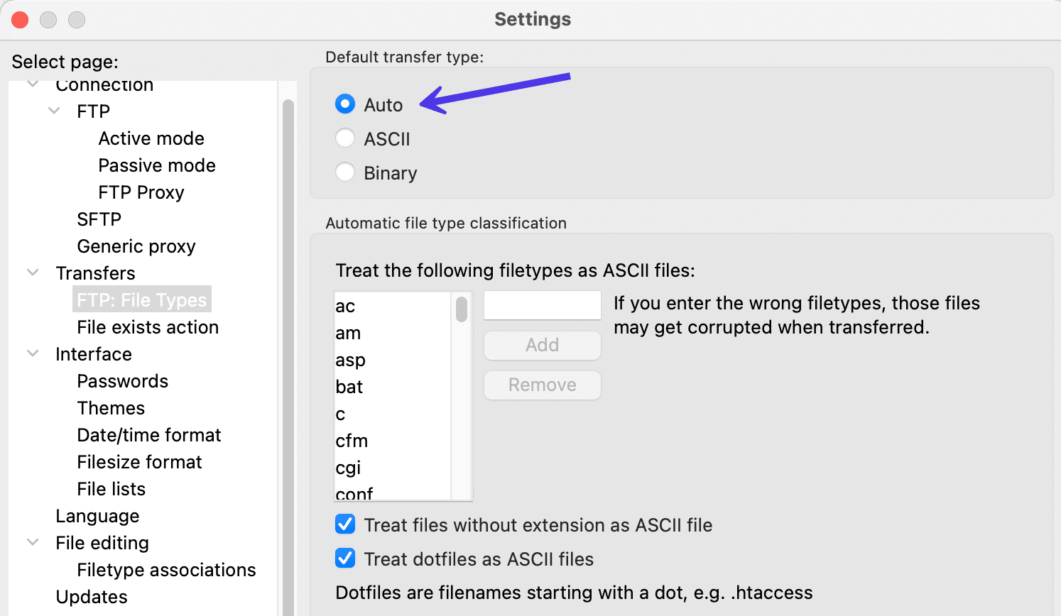 Você pode alterar o tipo de transferência ou defini-la como Auto na janela FileZilla Settings.