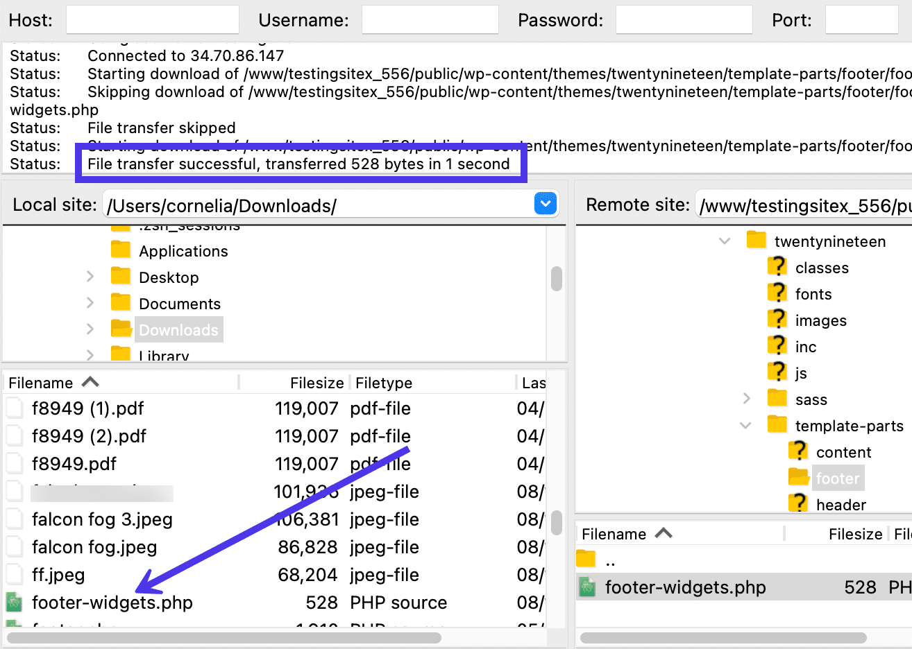 The transferred file in its new location, along with a Success message.