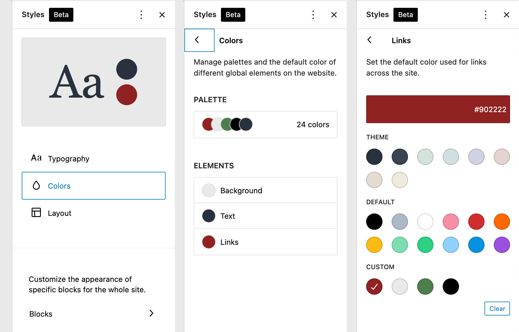 Impostazioni colore in TT1 Blocks, che mostra vari cerchi di colore per tre opzioni di palette separate: Theme, Default, e Custom.