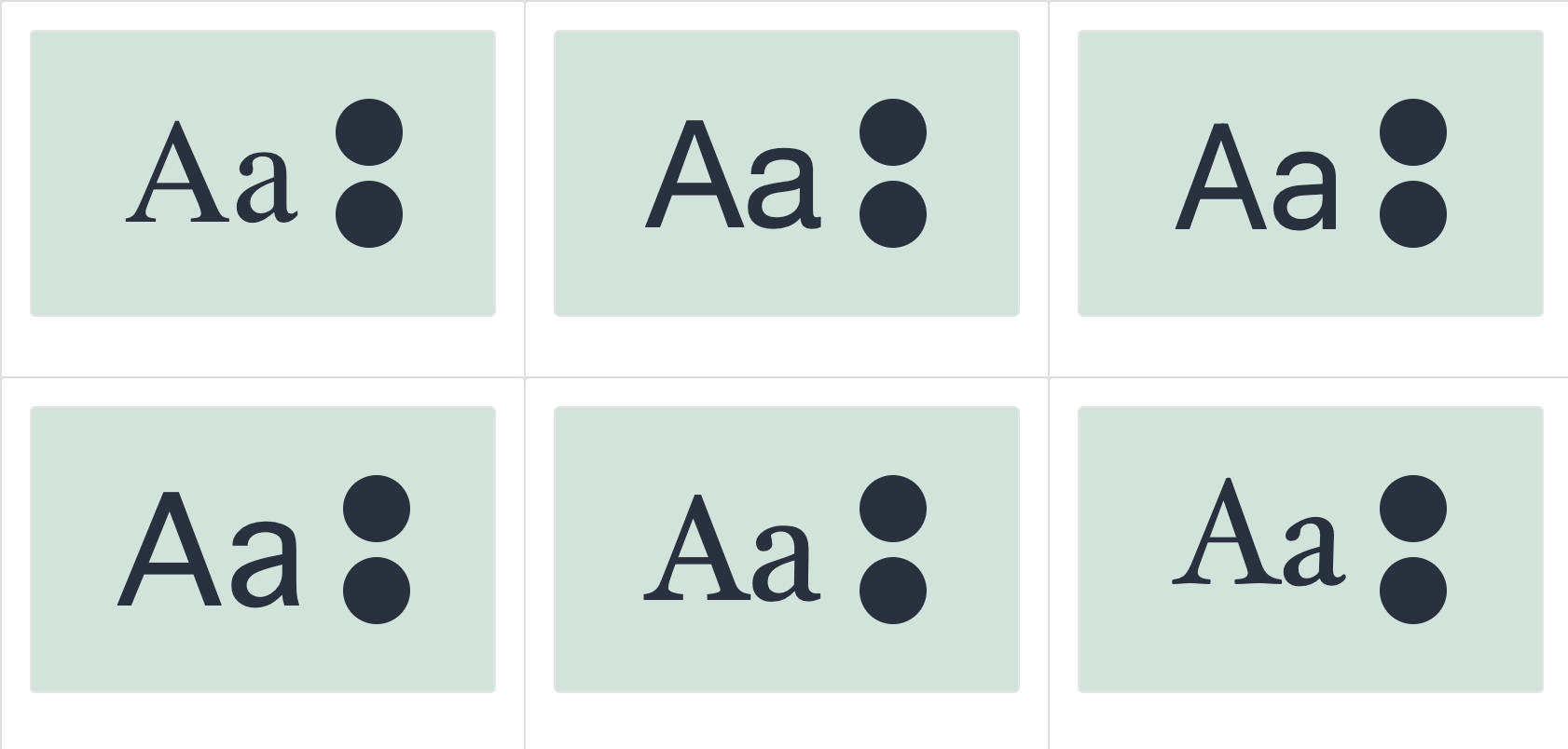 Sechs verschiedene Voransichten desselben Textes ("Aa") mit verschiedenen Schriftfamilien.