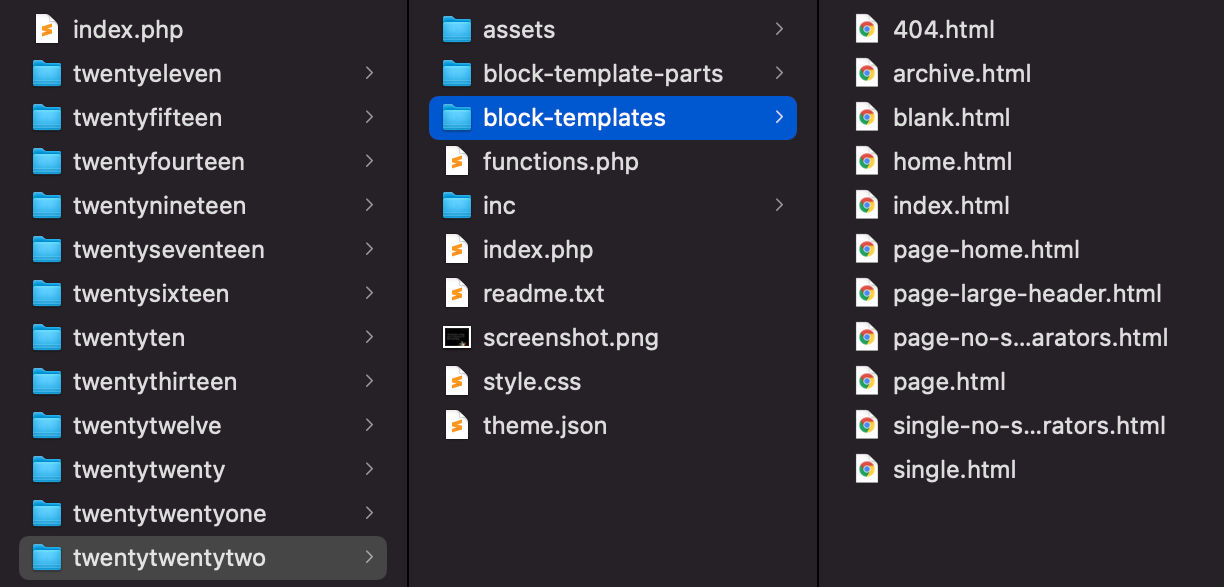 Block templates-mappen i Twenty Twenty-Two