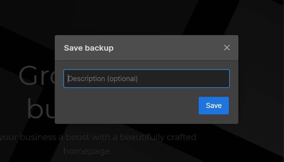 Finestra modale nera per salvare un backup in Webflow