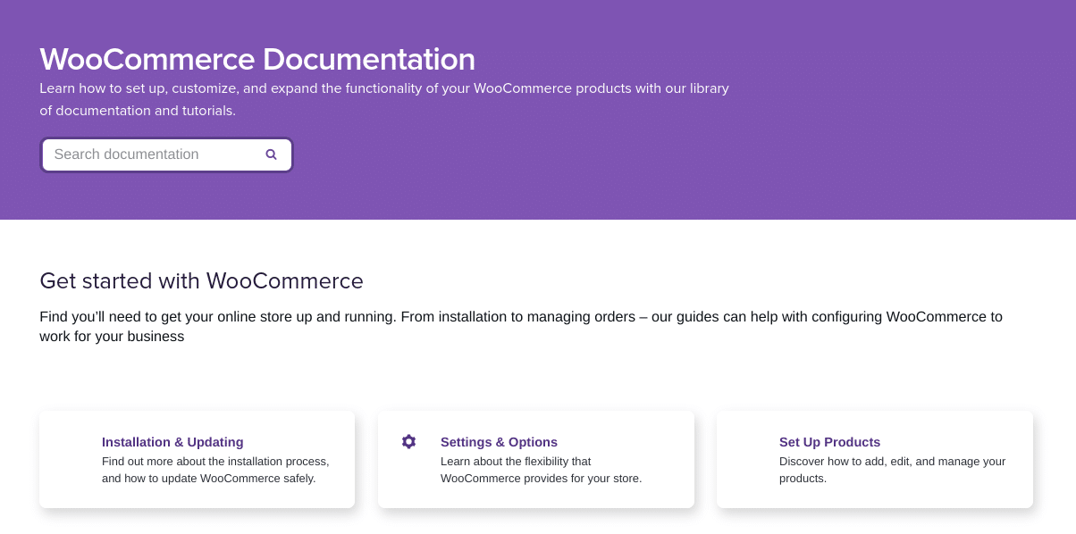 Prima pagina della documentazione di WooCommerce