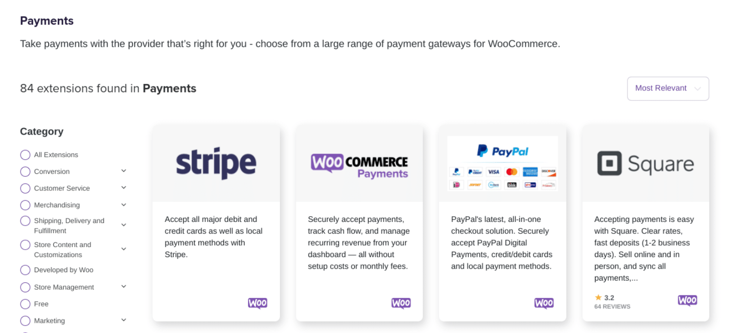 Le opzioni di strumenti di pagamento disponibili in WooCommerce, tra cui Stripe, Paypal e Square