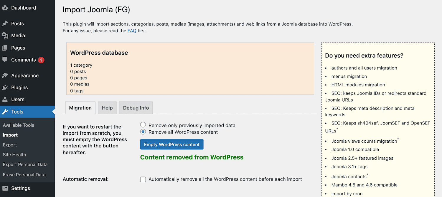 Rimuovere tutti i contenuti di WordPress.