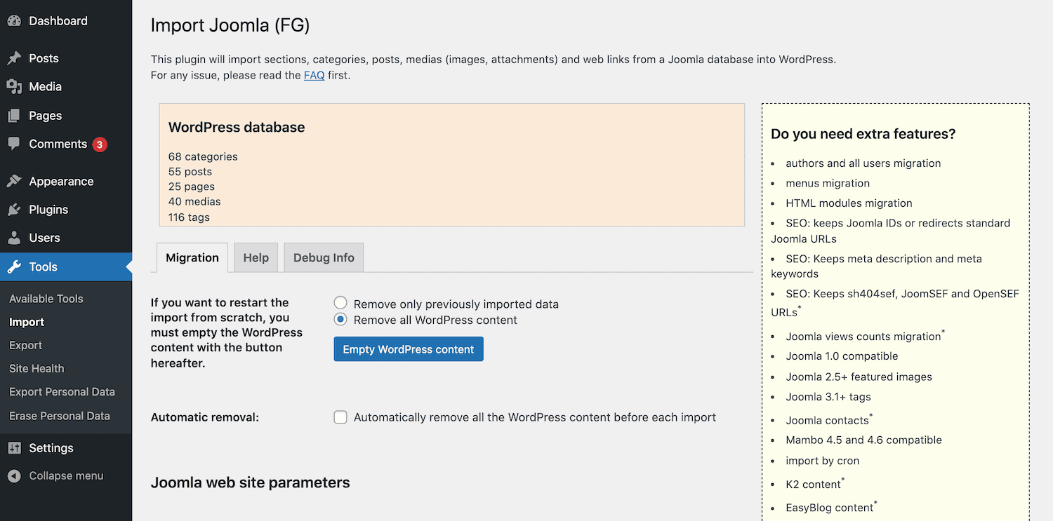 Page des réglages d'importation de Joomla FG.