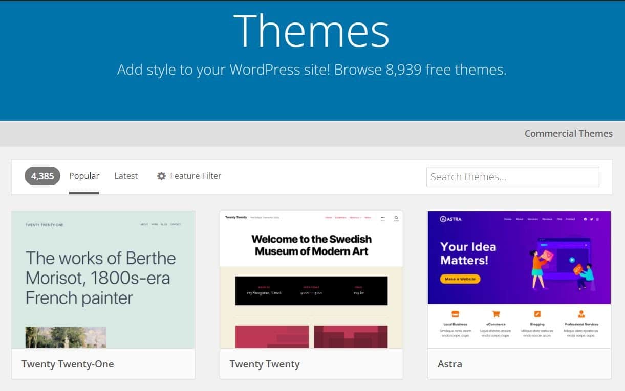 WordPress theme pageKies een WordPress thema