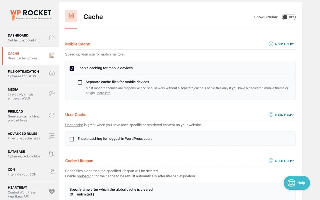 The cache tab in WP Rocket