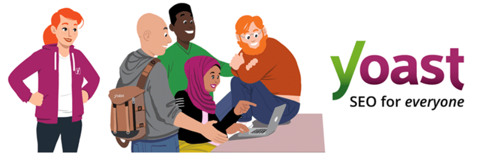 Illustrazione di Yoast SEO con diverse persone sedute intorno a un pc e il motto SEO for everyone