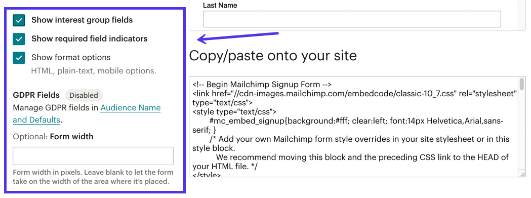 Crear el código de inserción del formulario de Mailchimp