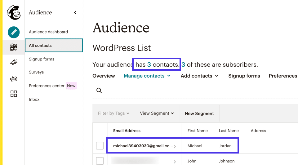 Schermata Audience della bacheca Mailchimp con la lista dei contatti