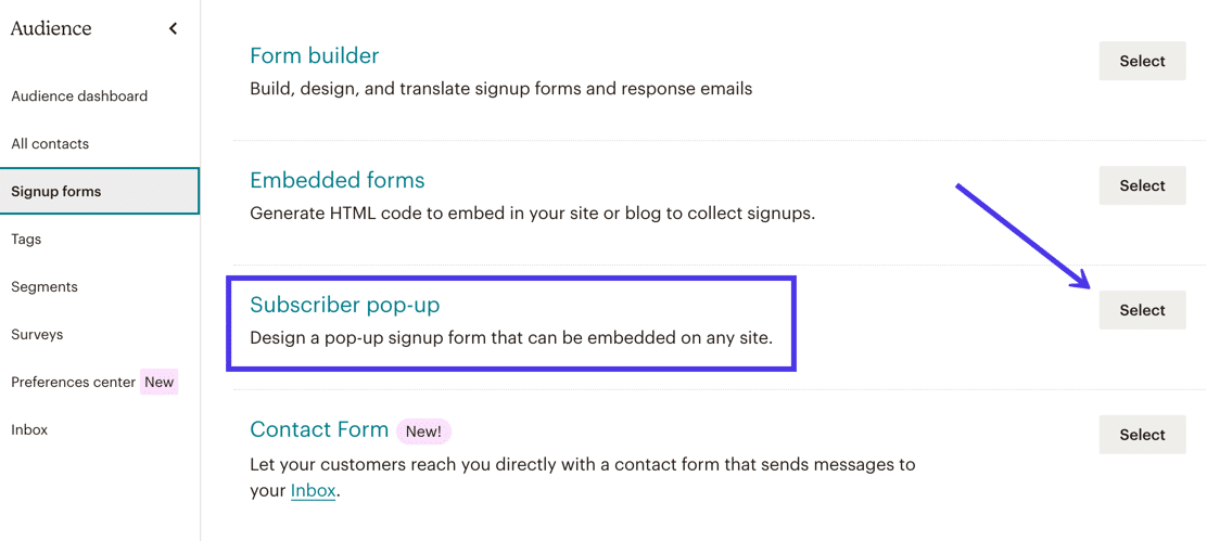 Escolha a opção Pop-up do Assinante para gerar e personalizar formulários pop-up