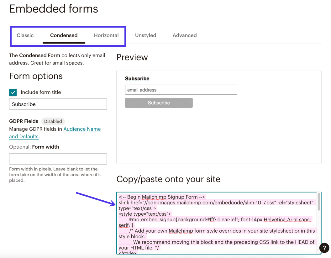 Gestalte ein Formular im Abschnitt "Eingebettete Formulare" und kopiere dann den Code, um ihn in ein WordPress-Widget zu übertragen