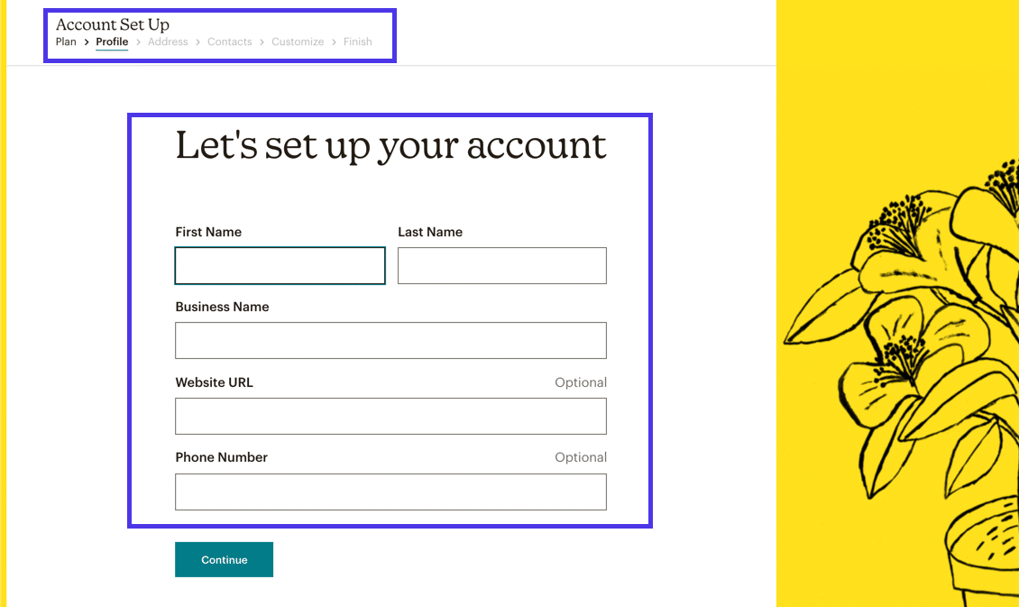 Modulo Mailchimp con le informazioni di base per configurare un account