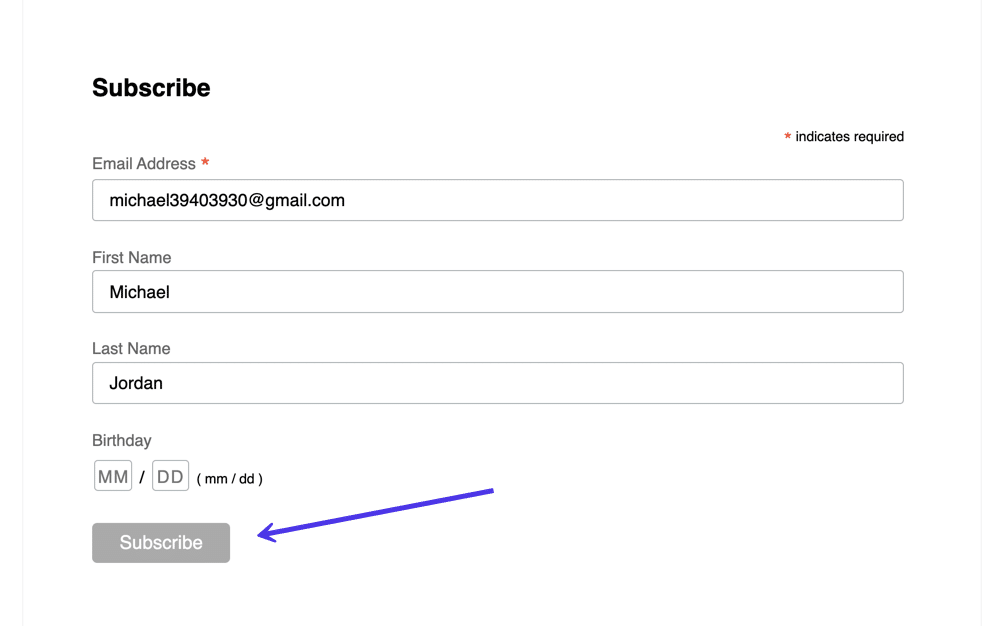 Fill in information for a test customer, then click on the Subscribe button
