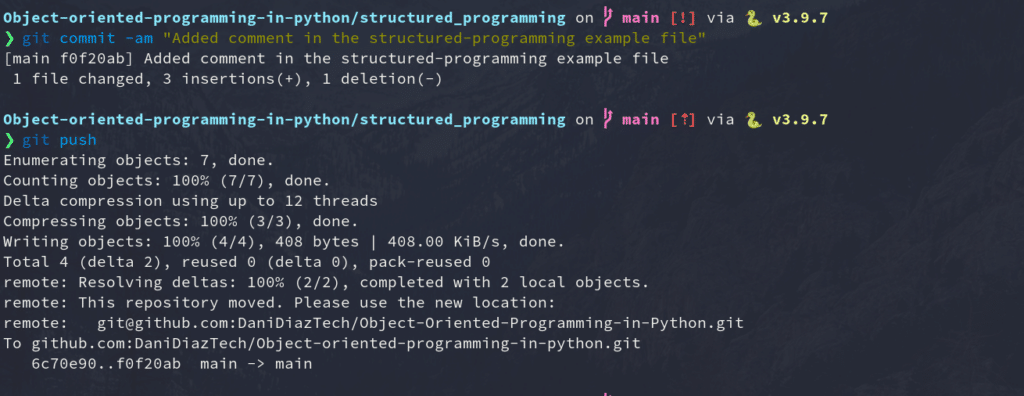 Il Terminal mostra due comandi: "git commit -am "Aggiunto commento nel file di esempio di programmazione strutturata" e "git push" con la risposta di successo dal server GitHub