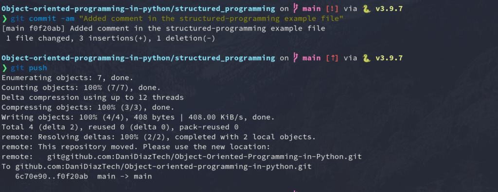 Terminal showing two commands:"git commit -am"Added comment in the structured-programming example file" and"git push" with the success response from the GitHub server