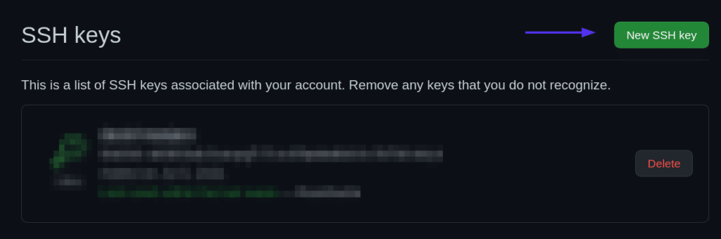 SSH keys section with an arrow pointing to the New SSH key button.