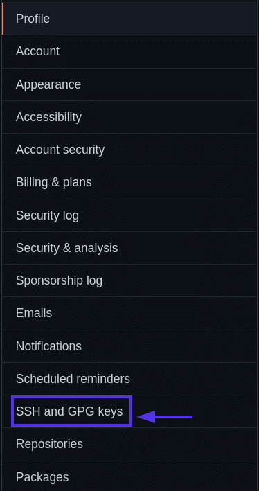 Profile settings panel showing the SSH and GPG keys option.