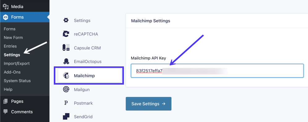  Ga naar “Settings”> “Mailchimp” onder “Gravity Forms” om je “Mailchimp API Key” te plakken