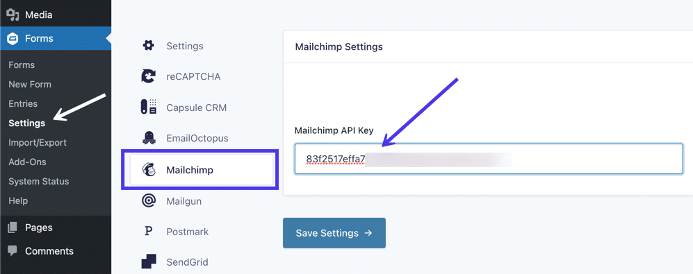 Ve a "Configuración" > "Mailchimp" en "Gravity Forms" para pegar tu "Clave API de Mailchimp"