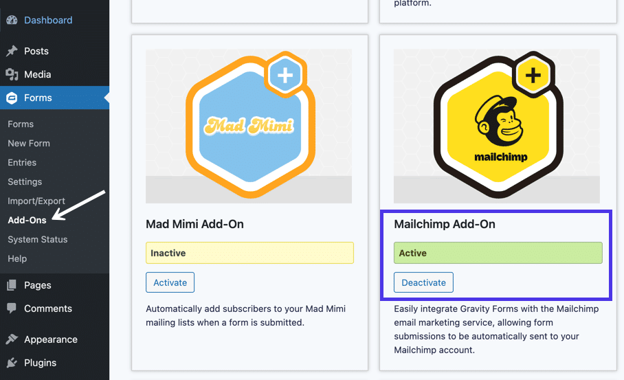 Zoek en "Activate" de "Mailchimp Add-on" voor Gravity Forms