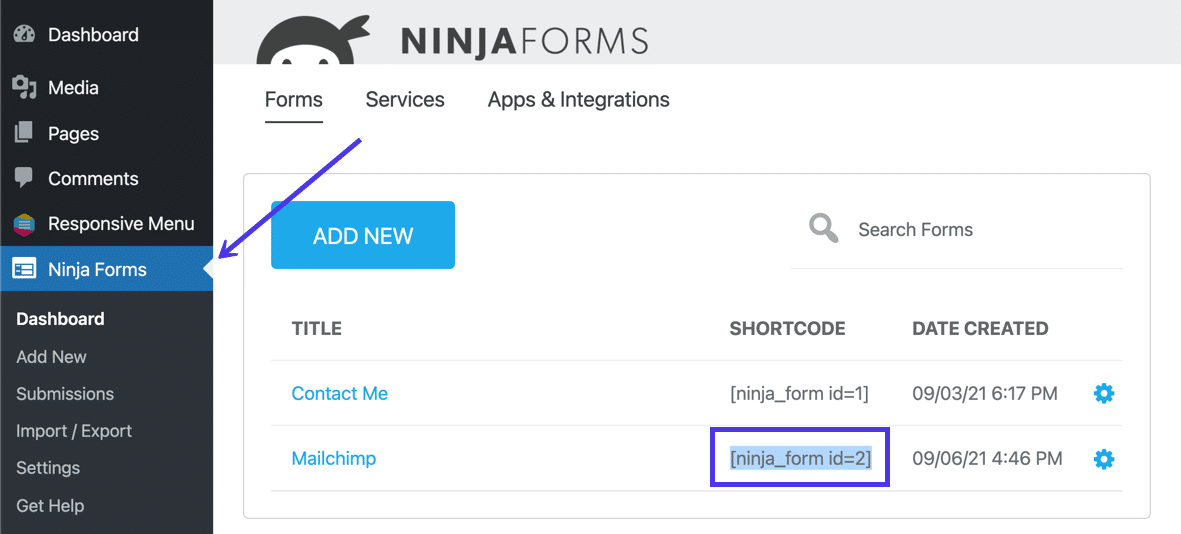 Ninja Forms gera atalhos para cada formulário que você faz
