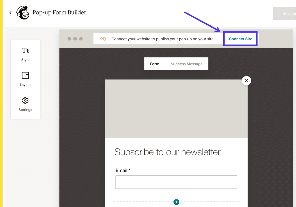 Sélectionnez le lien Connecter le site pour commencer à connecter une popup de formulaire à votre site WordPress