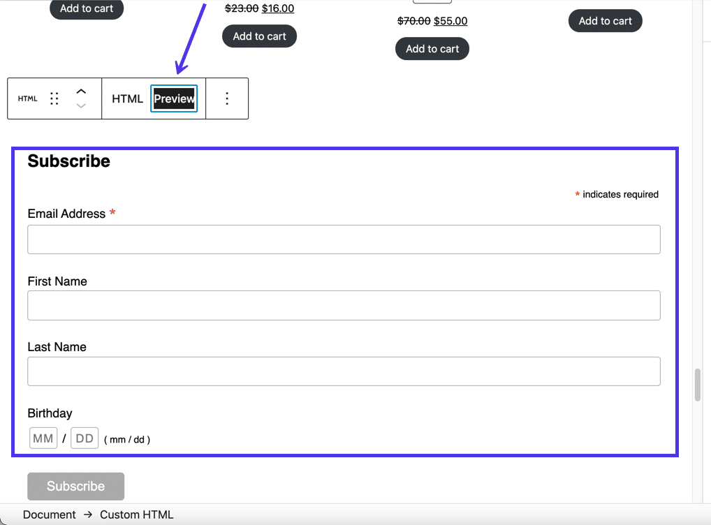 Wähle die Schaltfläche "Vorschau", um zu sehen, wie das HTML im Frontend aussehen wird