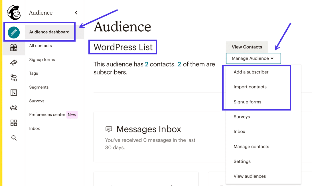 Das Audience Dashboard zeigt den Namen deiner E-Mail-Liste und mehrere Schaltflächen zum Hinzufügen eines Abonnenten, zum Importieren von Kontakten und zum Erstellen von Anmeldeformularen