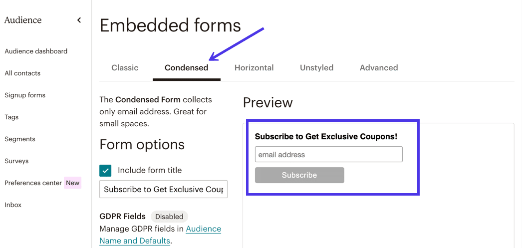 Die Registerkarte "Condensed" lässt die meisten Felder weg und verkleinert das Formular